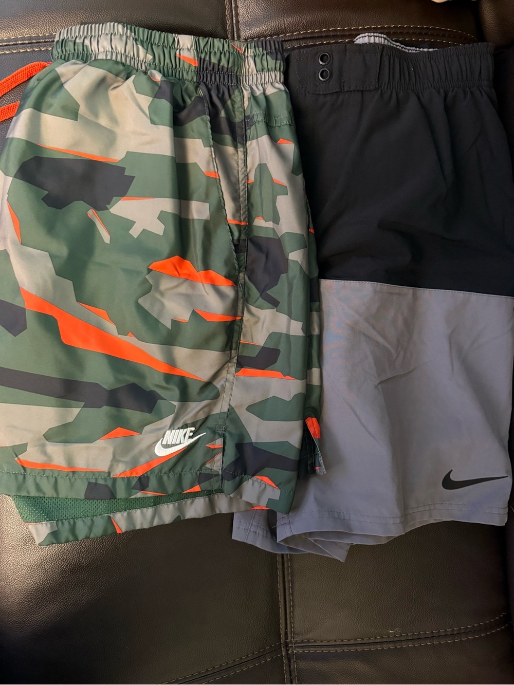 Nike Men’s Green Camo & Black/Gray Athletic Shorts with Orange Accents